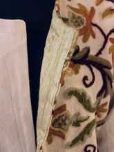 Load image into Gallery viewer, *Lined Twill Coat with Vintage Crewelwork Panel and Handwoven Silk Lining