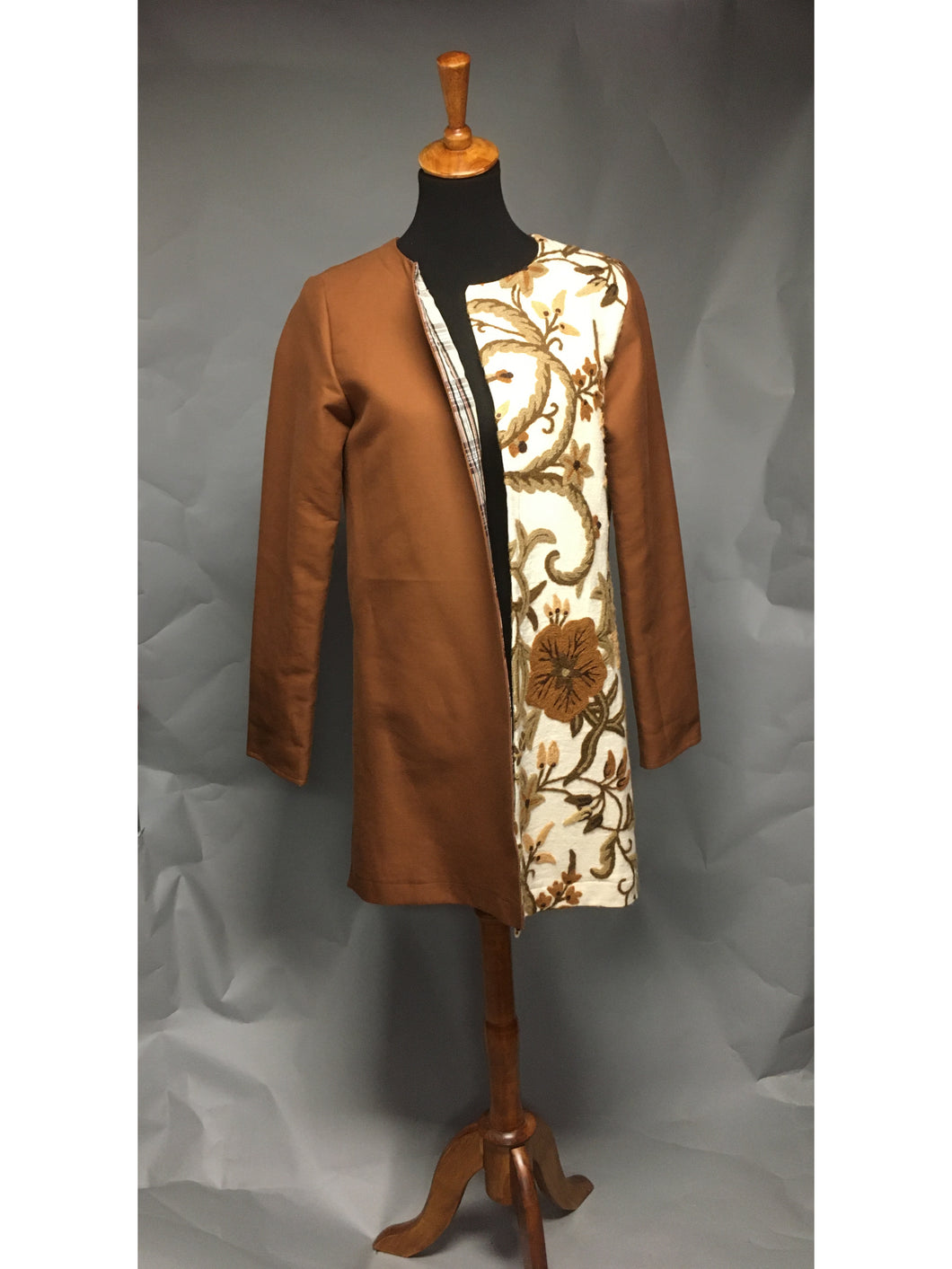 *Lined Coat in Brown with Vintage Crewelwork Panel