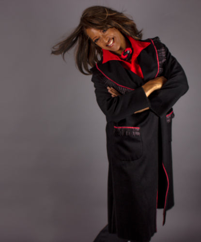 *Black Cashmere Coat with Lace Trim and a Pop of Red