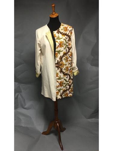 *Lined Twill Coat with Vintage Crewelwork Panel and Handwoven Silk Lining