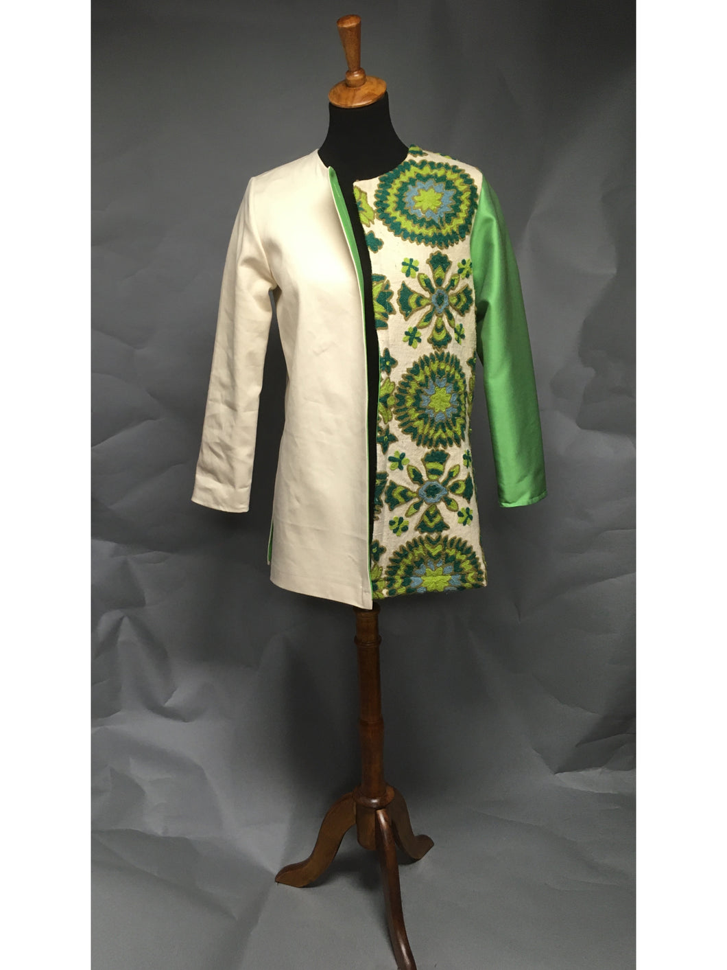 *Silk Lined Cream Twill Coat with Vintage Crewelwork Panel