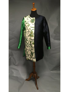 *Lined Navy and Green Silk Coat with Vintage Crewelwork Panel